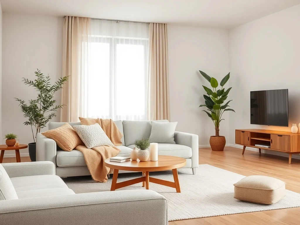 Nowoczesny, przytulny salon w stylu skandynawskim z jasną sofą, drewnianym stolikiem, rośliną i dużym oknem z lekkimi zasłonami.