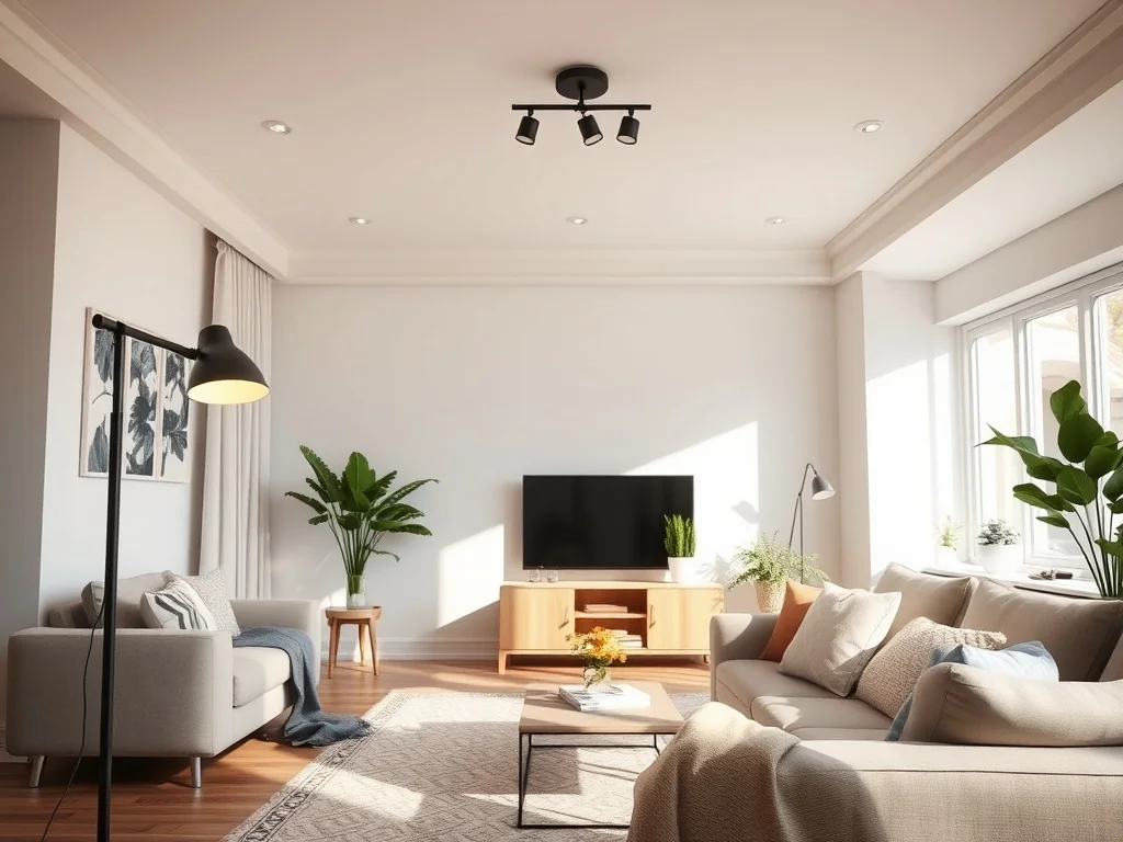 Przytulny salon w stylu skandynawskim z lampą stojącą, spotami sufitowymi i lampą wiszącą, ukazujący warstwowe oświetlenie.