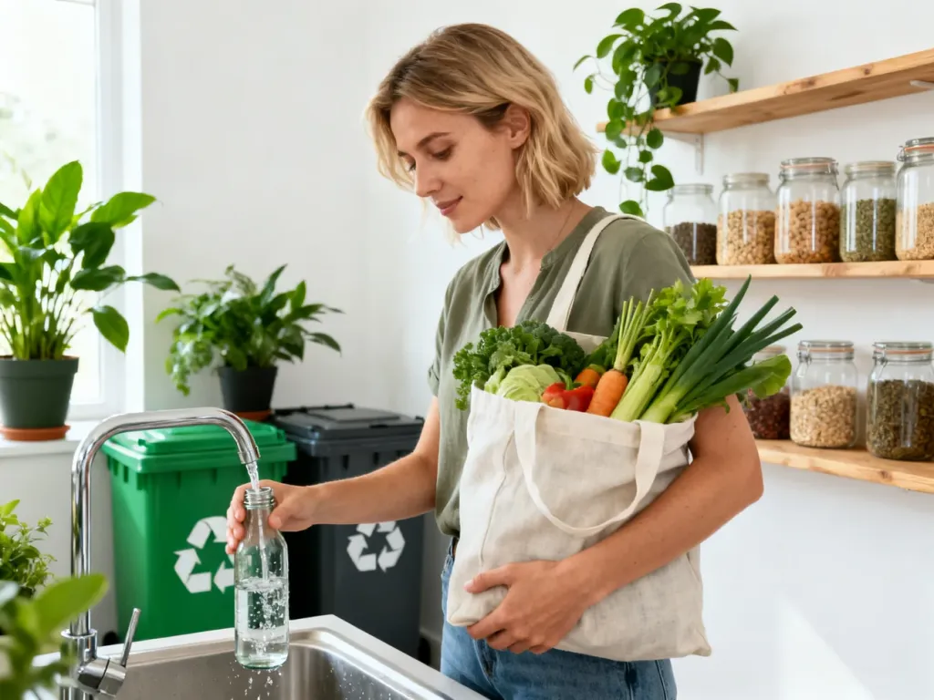 Kobieta w jasnej kuchni napełnia szklaną butelkę kranówką, obok ma torbę z warzywami, rośliny i pojemniki na recykling.